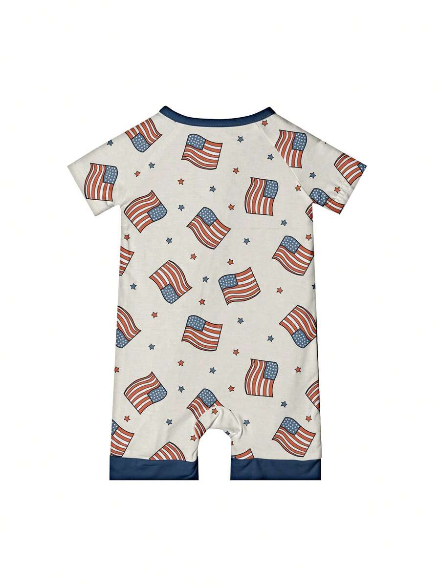 Unisex Baby Flag Print Zip Up Short Sleeve Romper Summer Bamboo Fiber Knit Outfit