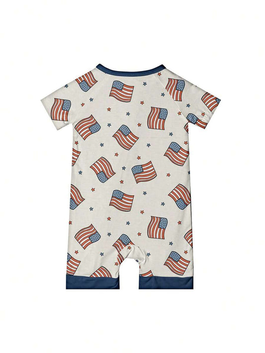 Unisex Baby Flag Print Zip Up Short Sleeve Romper Summer Bamboo Fiber Knit Outfit