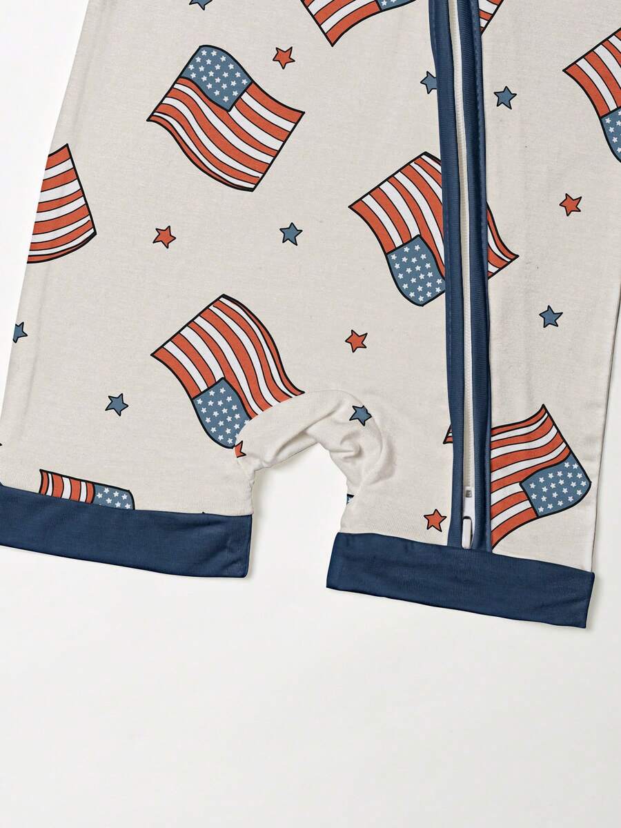 Unisex Baby Flag Print Zip Up Short Sleeve Romper Summer Bamboo Fiber Knit Outfit
