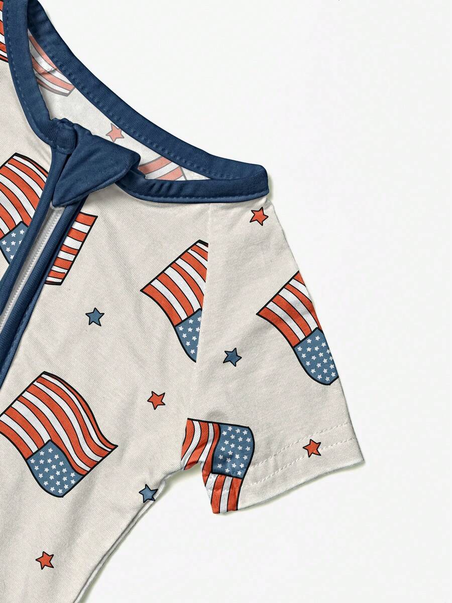 Unisex Baby Flag Print Zip Up Short Sleeve Romper Summer Bamboo Fiber Knit Outfit