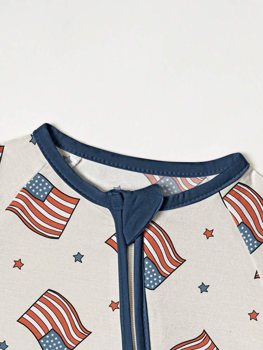 Unisex Baby Flag Print Zip Up Short Sleeve Romper Summer Bamboo Fiber Knit Outfit