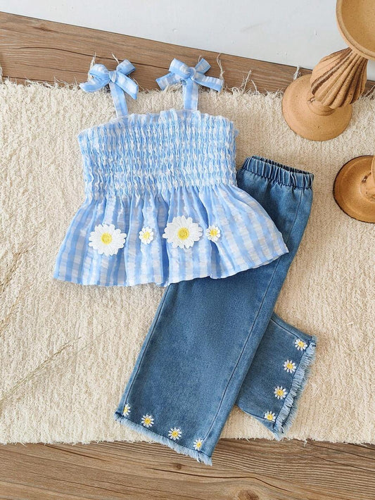 Infant Girls 2pcs Plaid Suspender Top and Embroidered Denim Pants Set