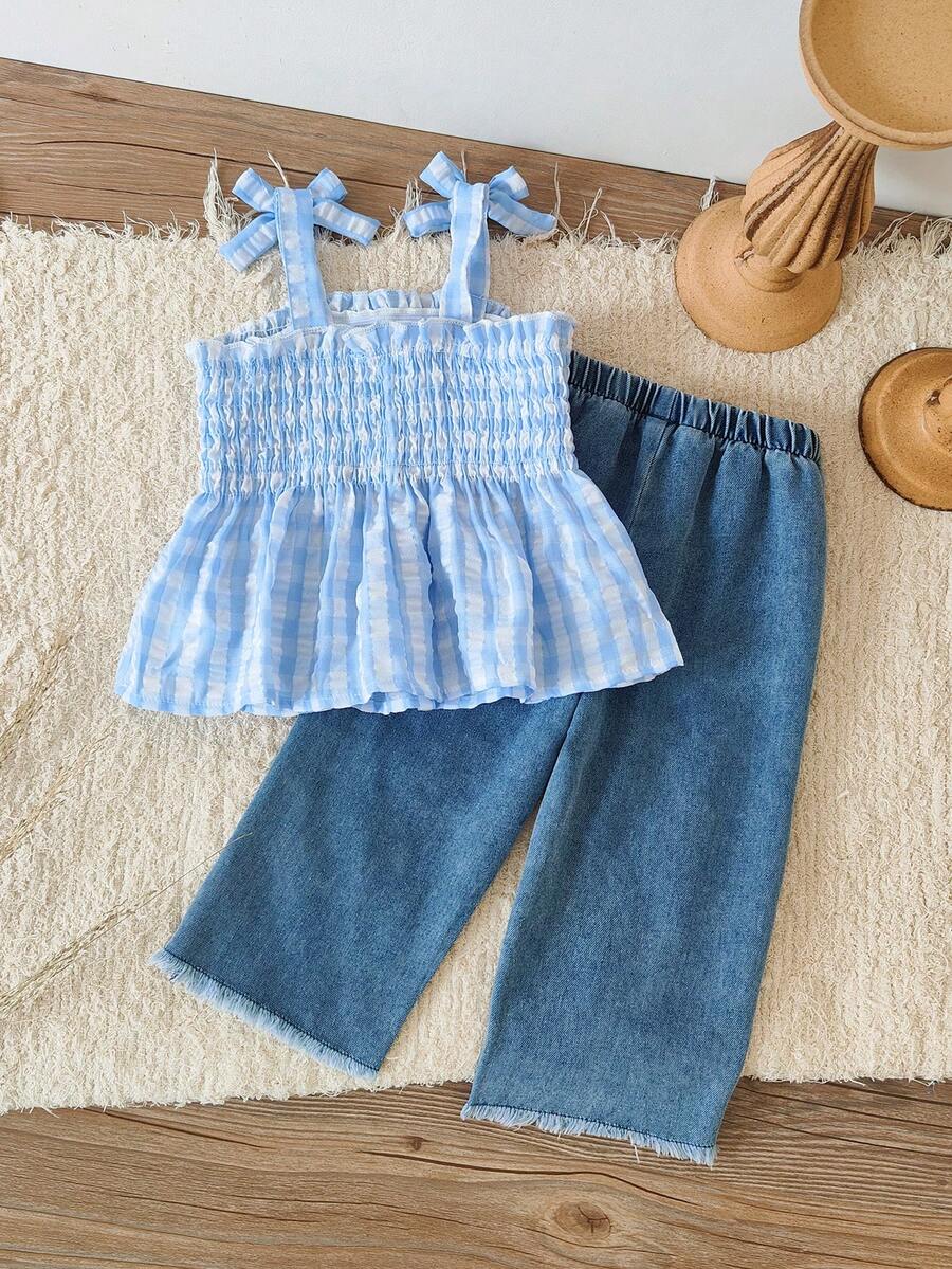 Infant Girls 2pcs Plaid Suspender Top and Embroidered Denim Pants Set
