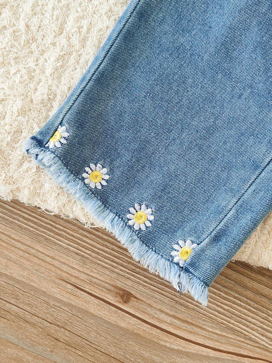 Infant Girls 2pcs Plaid Suspender Top and Embroidered Denim Pants Set