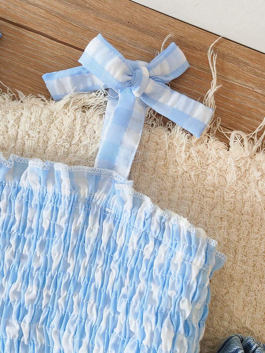 Infant Girls 2pcs Plaid Suspender Top and Embroidered Denim Pants Set