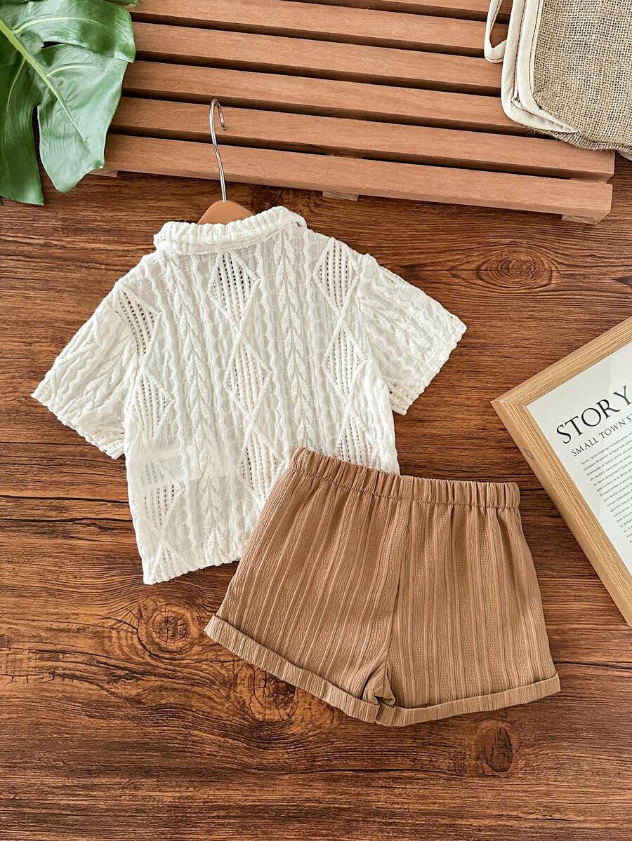 Baby Boy 2pcs Knit Jacquard Summer Set - Short Sleeve Shirt & Elastic Shorts
