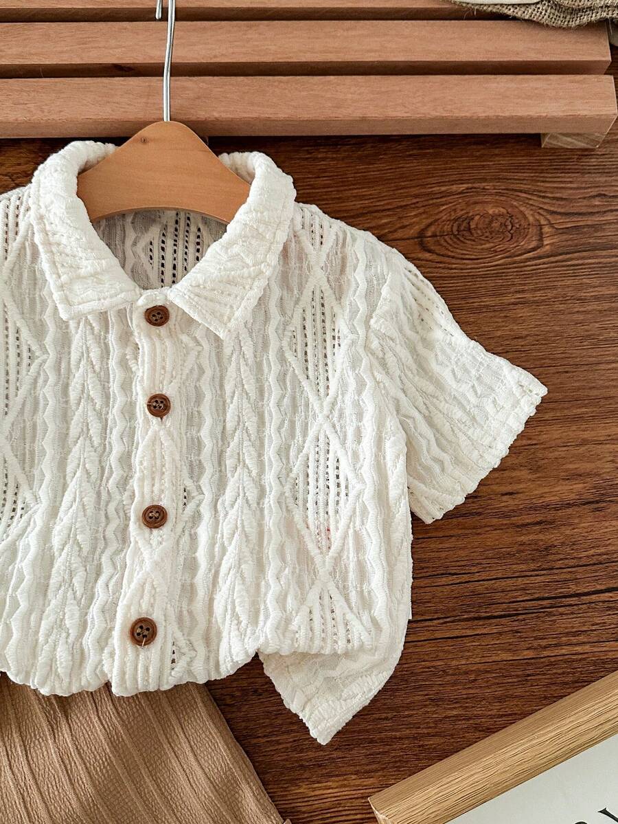 Baby Boy 2pcs Knit Jacquard Summer Set - Short Sleeve Shirt & Elastic Shorts