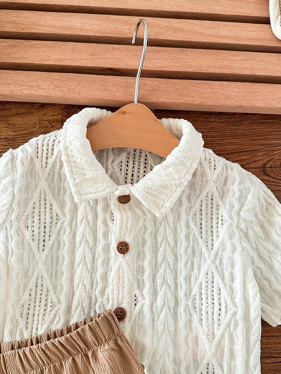 Baby Boy 2pcs Knit Jacquard Summer Set - Short Sleeve Shirt & Elastic Shorts
