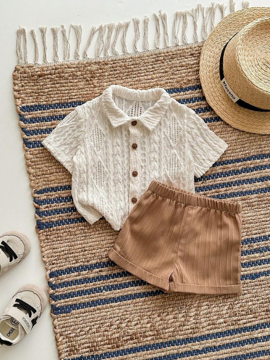 Baby Boy 2pcs Knit Jacquard Summer Set - Short Sleeve Shirt & Elastic Shorts