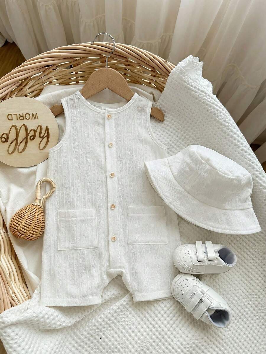 Baby Boy White Sleeveless Romper with Pockets Casual Short Jumpsuit for Everyday Wear