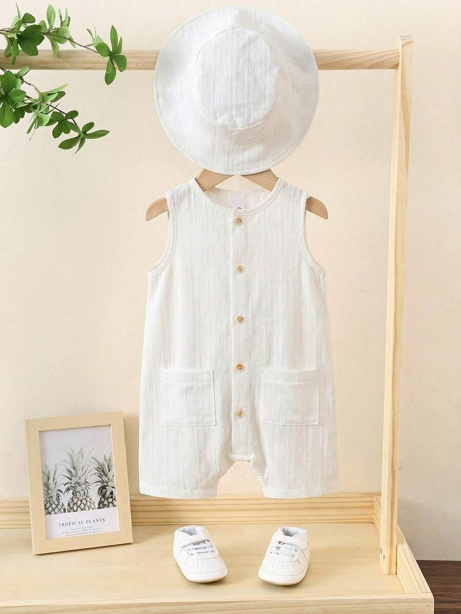 Baby Boy White Sleeveless Romper with Pockets Casual Short Jumpsuit for Everyday Wear