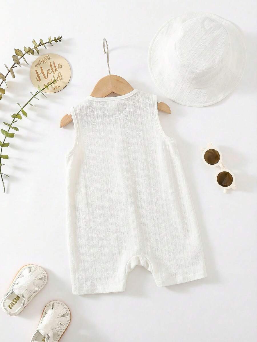 Baby Boy White Sleeveless Romper with Pockets Casual Short Jumpsuit for Everyday Wear