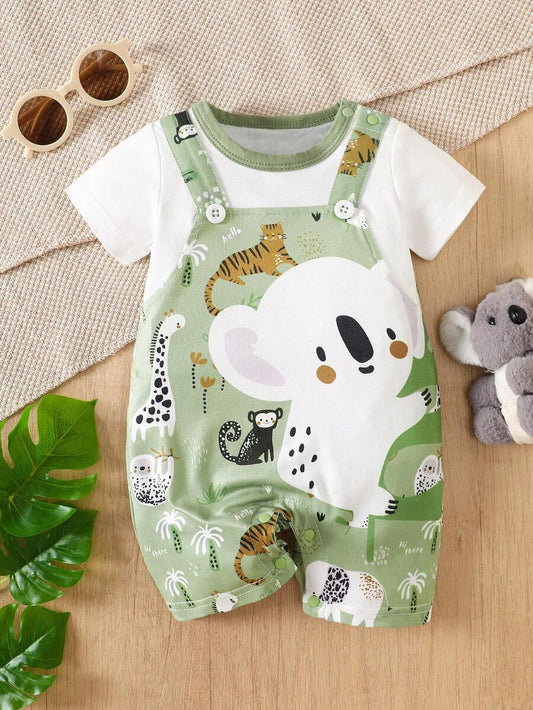 Baby Boy Cartoon Koala Print Bib Pants Patchwork Short Sleeve Romper Summer Outfit
