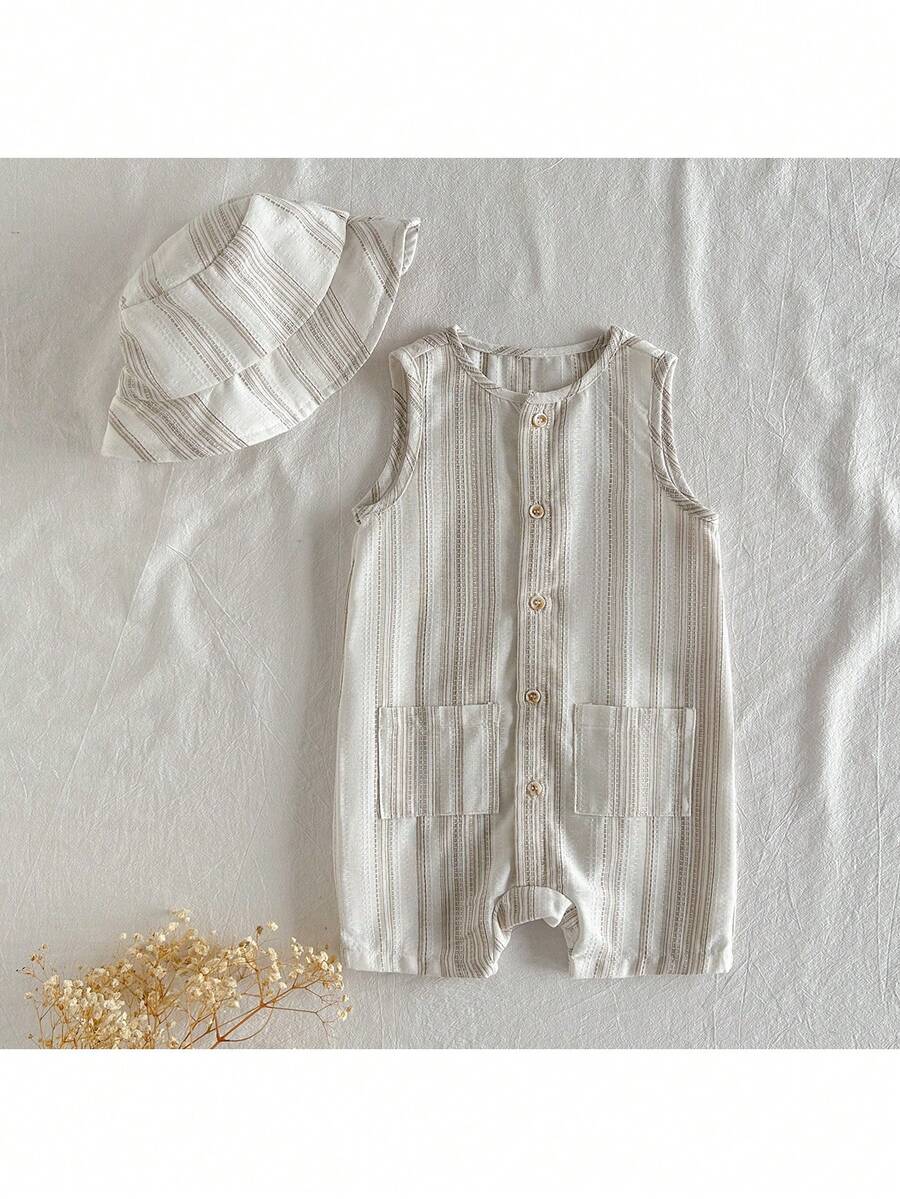 Baby Boy White Sleeveless Romper with Pockets Casual Short Jumpsuit for Everyday Wear