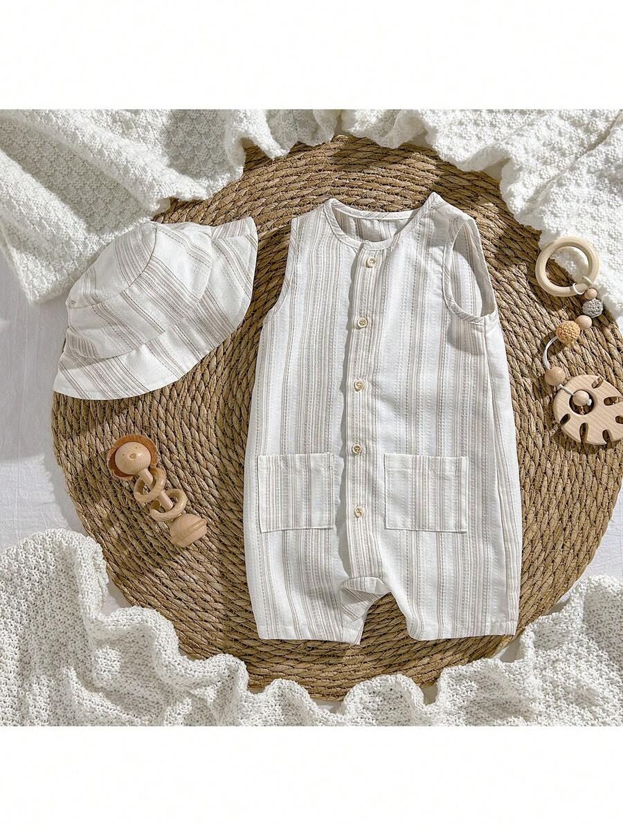 Baby Boy White Sleeveless Romper with Pockets Casual Short Jumpsuit for Everyday Wear