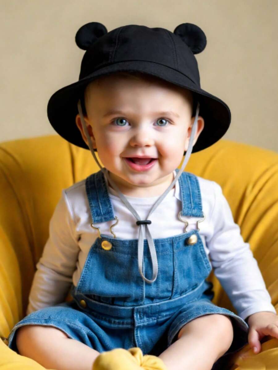 1pc Cute Ear Design Drawstring Bucket Hat for Infant Daily Wear