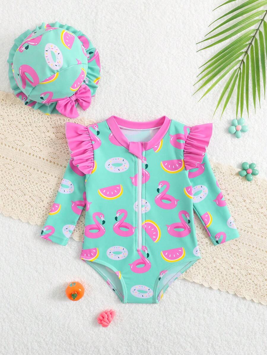 Baby Floral Long Sleeve One-Piece Swimsuit with Ruffle Hem and Matching Headband
