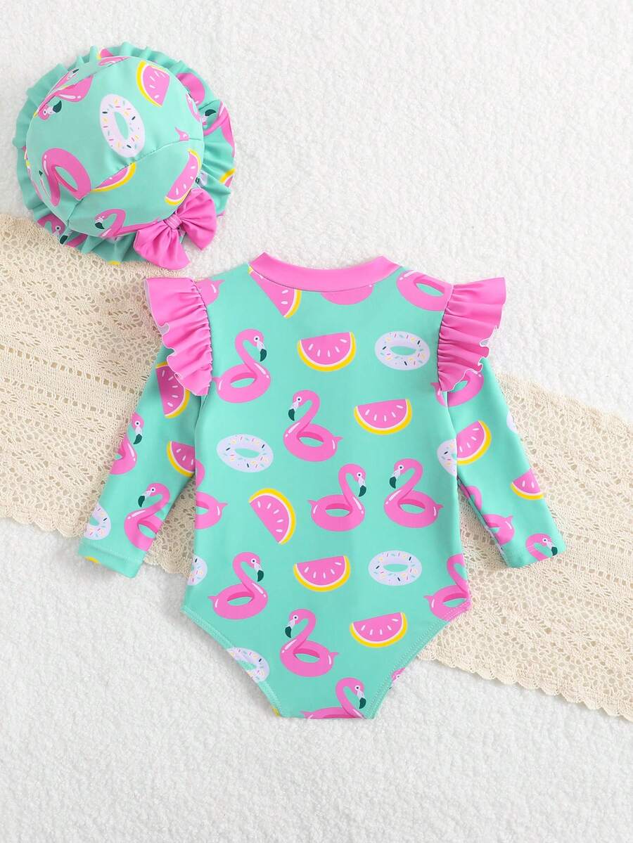 Baby Floral Long Sleeve One-Piece Swimsuit with Ruffle Hem and Matching Headband