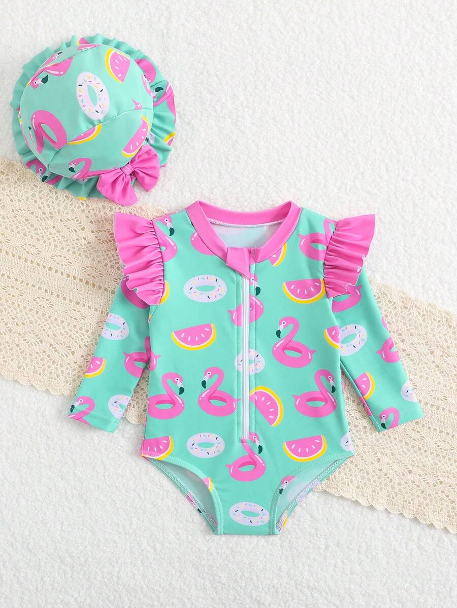 Baby Floral Long Sleeve One-Piece Swimsuit with Ruffle Hem and Matching Headband