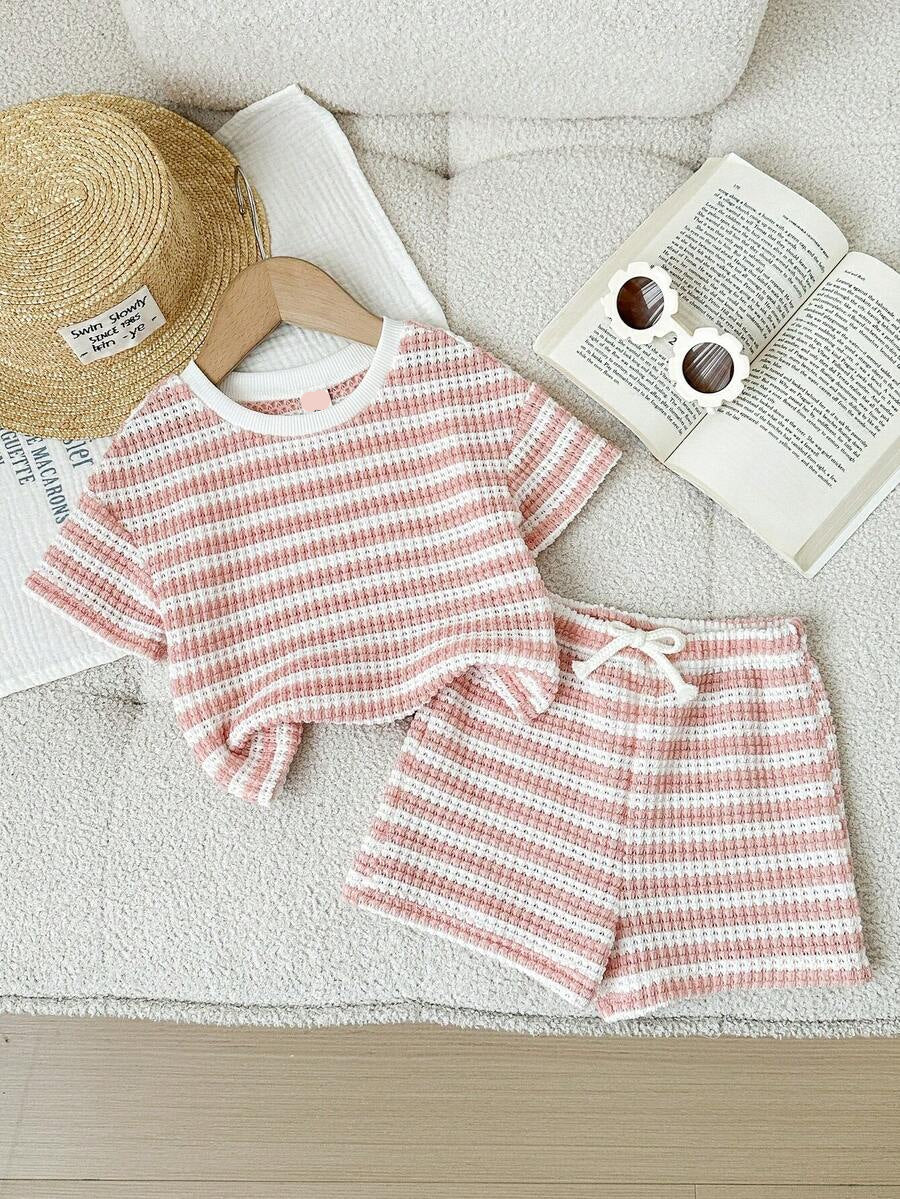Rainbow Top And Elastic Waist Shorts Set For Toddler Girls Casual Wear