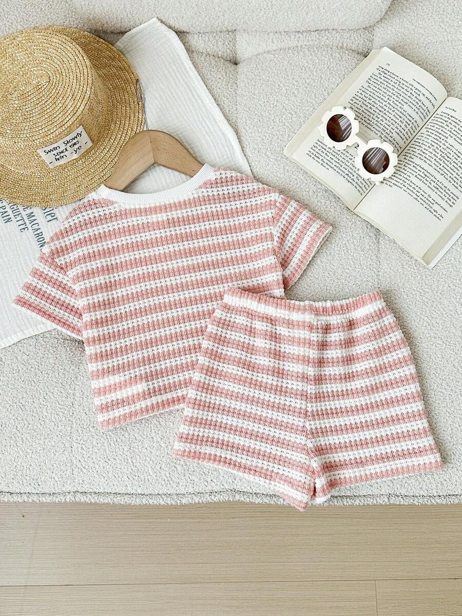 Rainbow Top And Elastic Waist Shorts Set For Toddler Girls Casual Wear