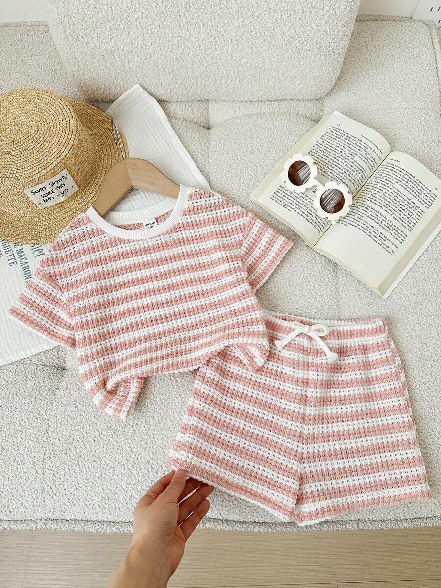 Rainbow Top And Elastic Waist Shorts Set For Toddler Girls Casual Wear