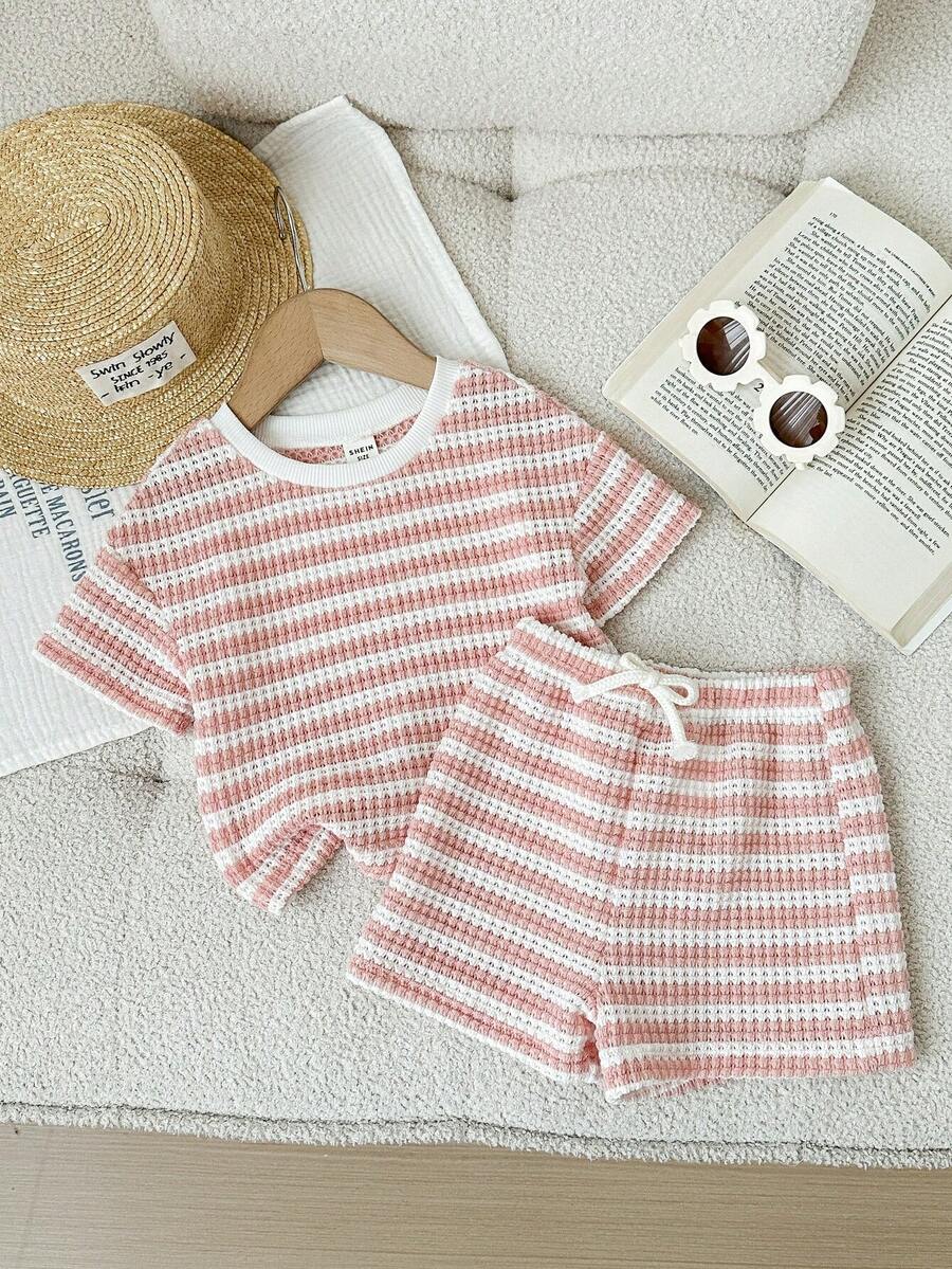 Rainbow Top And Elastic Waist Shorts Set For Toddler Girls Casual Wear