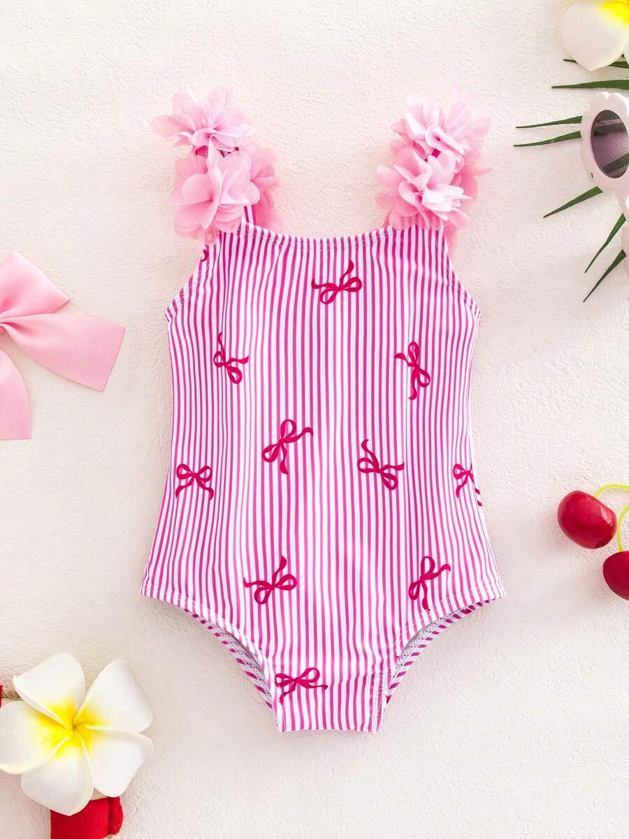 Baby Striped Leopard Print 3D Floral One-Piece Swimsuit for Summer Beach Wear