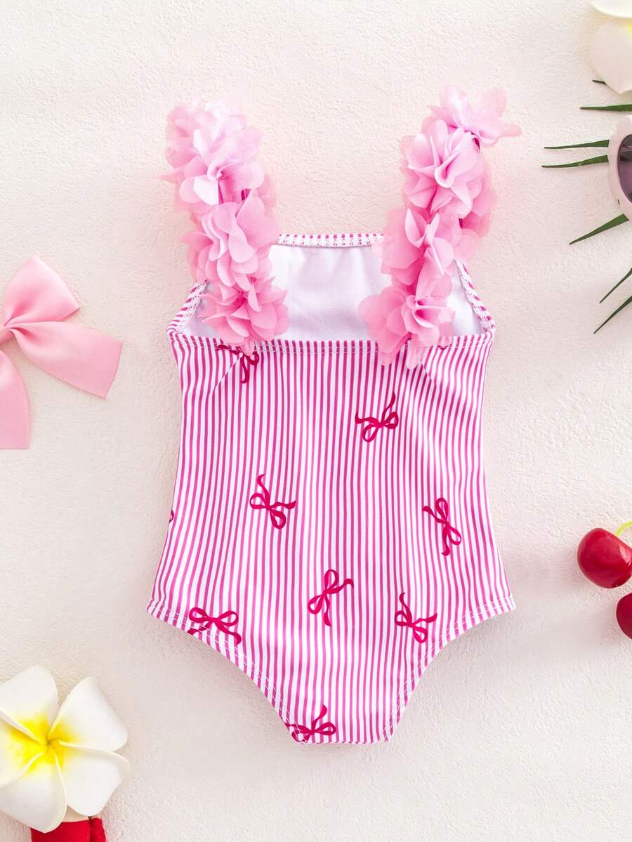 Baby Striped Leopard Print 3D Floral One-Piece Swimsuit for Summer Beach Wear