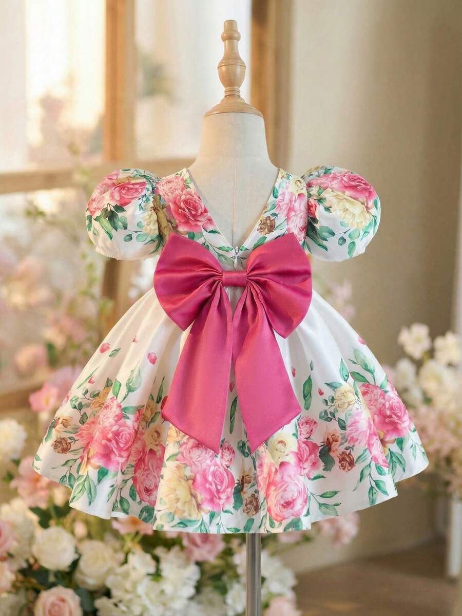 Pink Floral Mesh Embroidered Short Sleeve Dress for Baby Girls