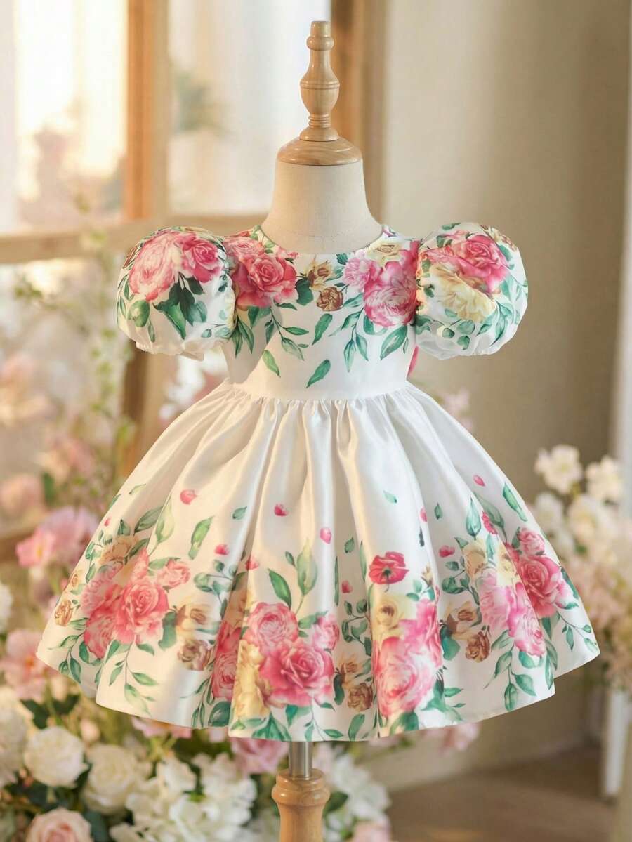 Pink Floral Mesh Embroidered Short Sleeve Dress for Baby Girls