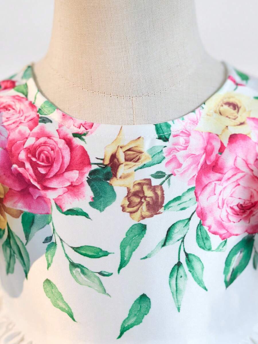 Pink Floral Mesh Embroidered Short Sleeve Dress for Baby Girls