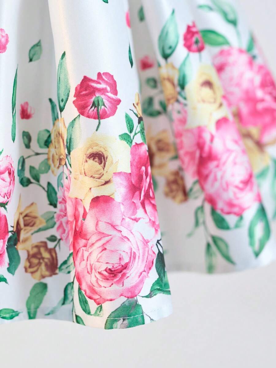 Pink Floral Mesh Embroidered Short Sleeve Dress for Baby Girls