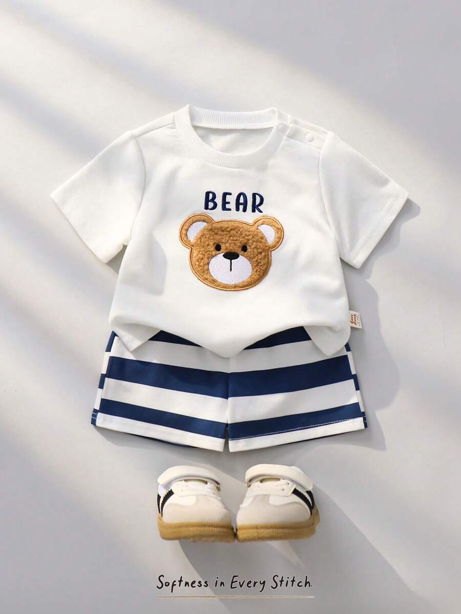 Newborn Boy & Girl Summer Knit Outfit -Cute Cartoon Bear Striped Shirt & Shorts Set