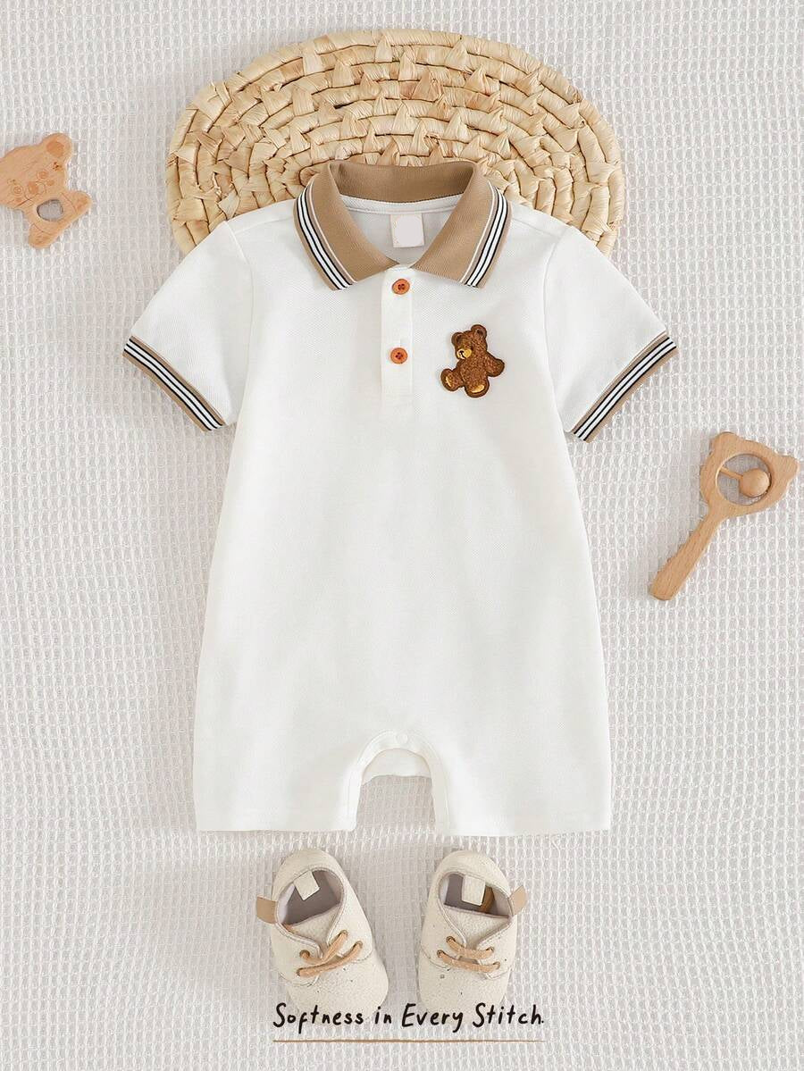 Unisex Newborn Baby Contrast Color Jacquard Polo Collar Half Zip Short Sleeve Jumpsuit Summer Outfit