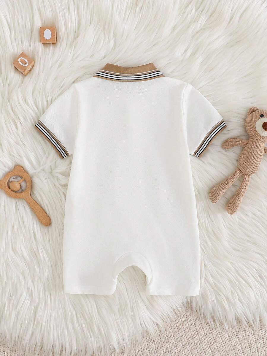 Unisex Newborn Baby Contrast Color Jacquard Polo Collar Half Zip Short Sleeve Jumpsuit Summer Outfit