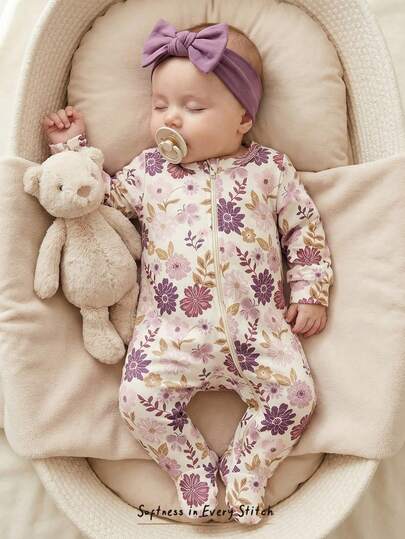 Floral Print Baby Girl Knit Romper with Long Sleeve Crew Neck Design