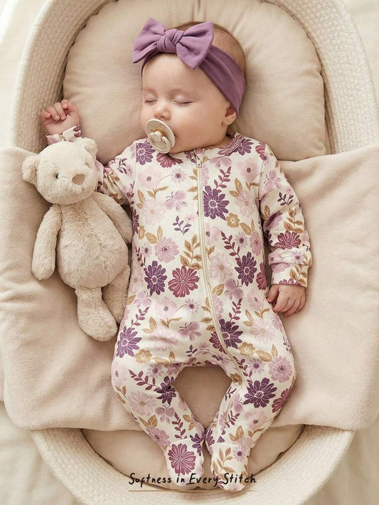 Floral Print Baby Girl Knit Romper with Long Sleeve Crew Neck Design