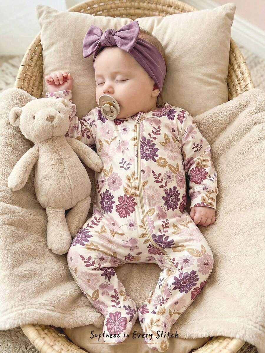 Floral Print Baby Girl Knit Romper with Long Sleeve Crew Neck Design