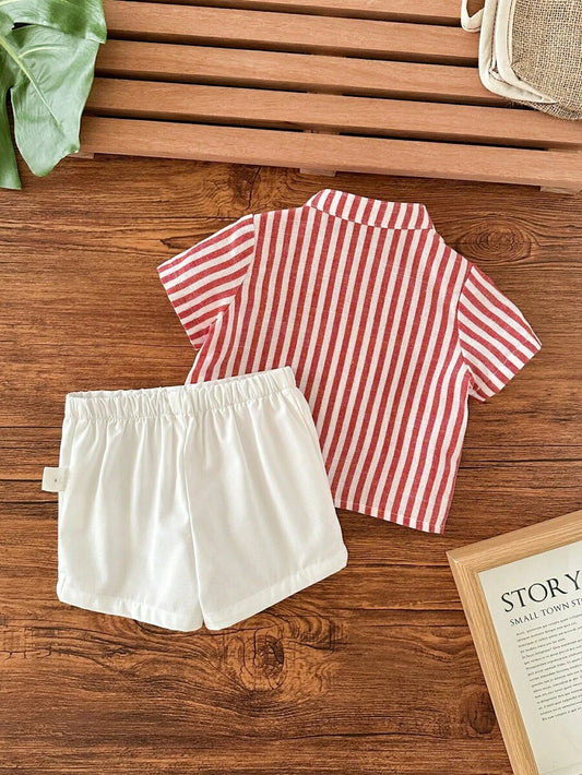 Striped Short Sleeve Shirt and Elastic Waist Shorts Set for Cute Summer Daily Wear