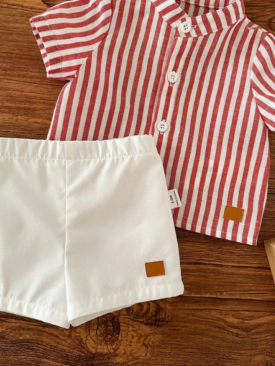 Striped Short Sleeve Shirt and Elastic Waist Shorts Set for Cute Summer Daily Wear