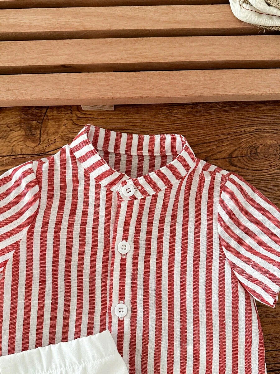 Striped Short Sleeve Shirt and Elastic Waist Shorts Set for Cute Summer Daily Wear