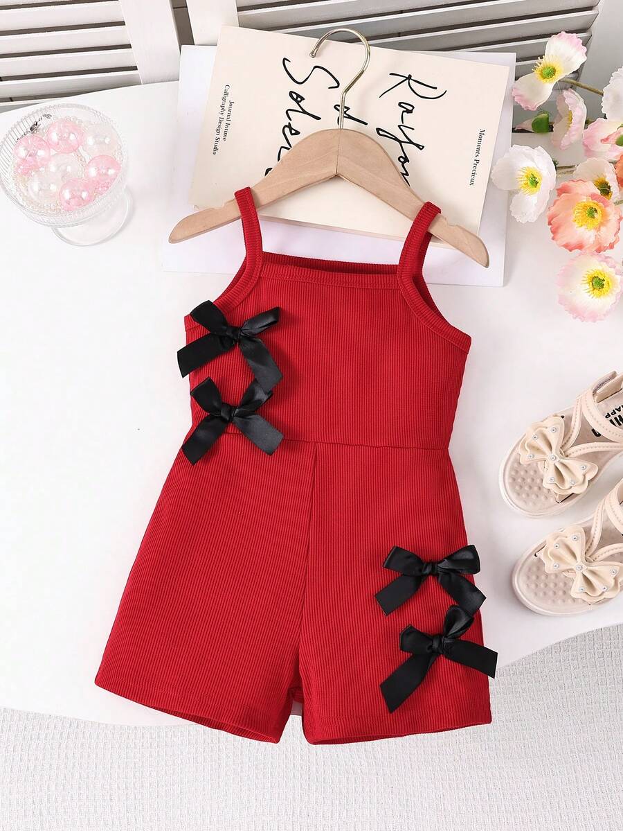 Cute Baby Girl Sleeveless Ribbed Short Jumpsuit With Bow Detail Casual Summer Wear