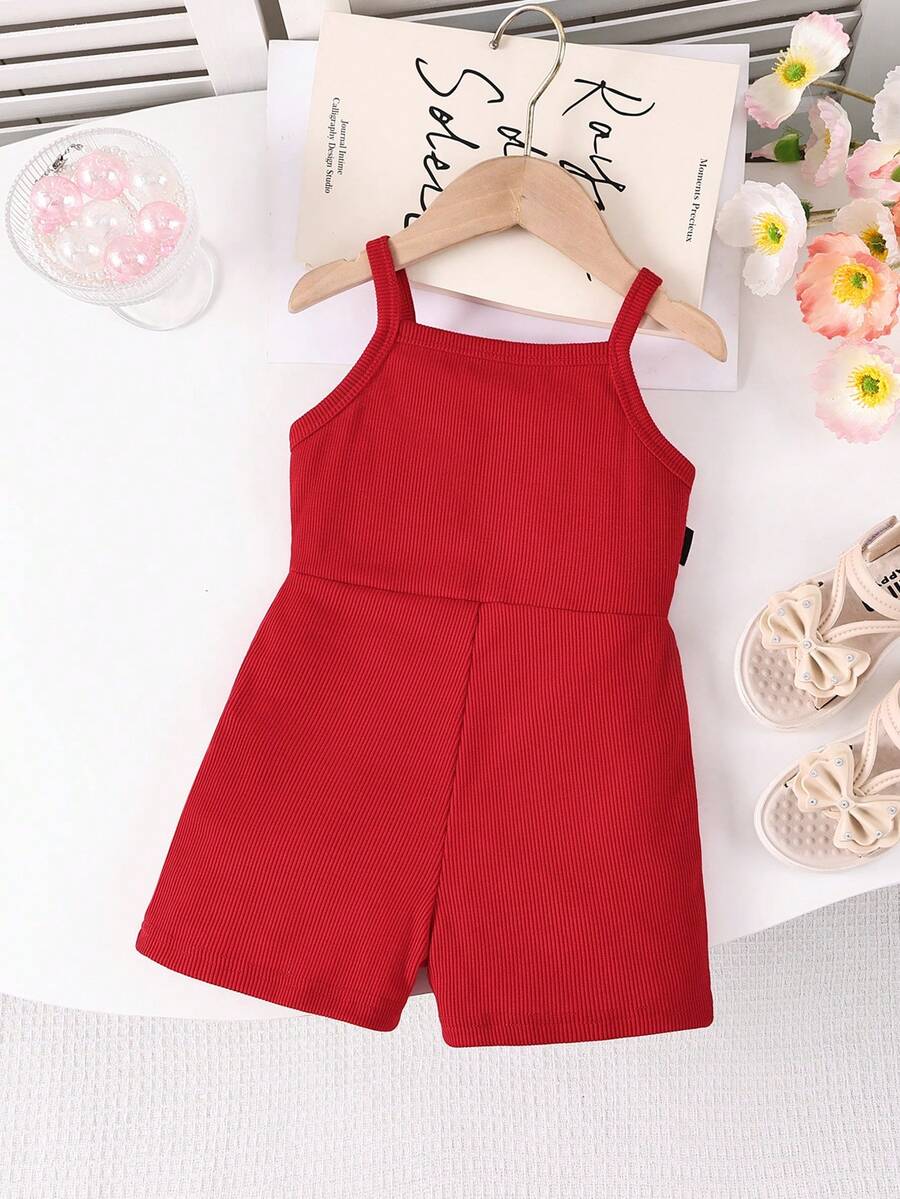 Cute Baby Girl Sleeveless Ribbed Short Jumpsuit With Bow Detail Casual Summer Wear