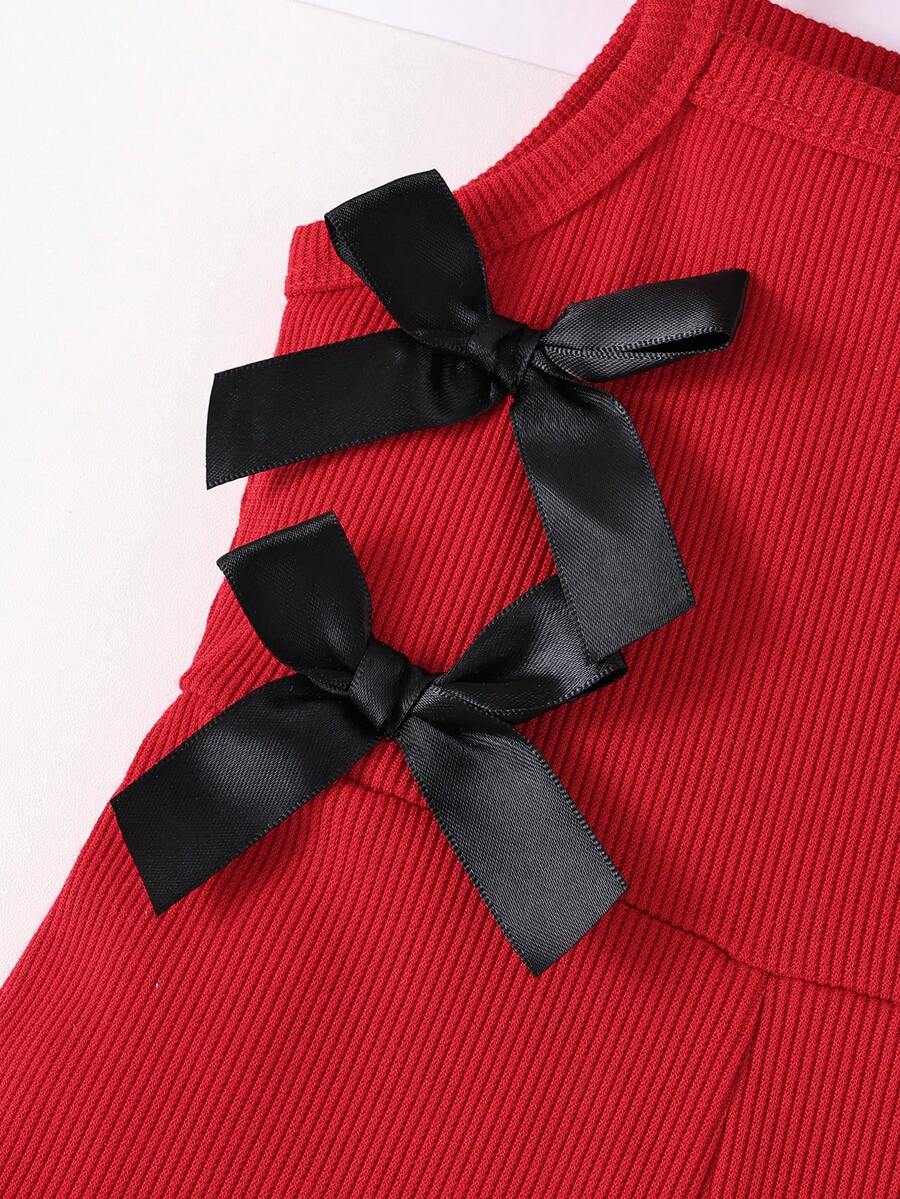 Cute Baby Girl Sleeveless Ribbed Short Jumpsuit With Bow Detail Casual Summer Wear