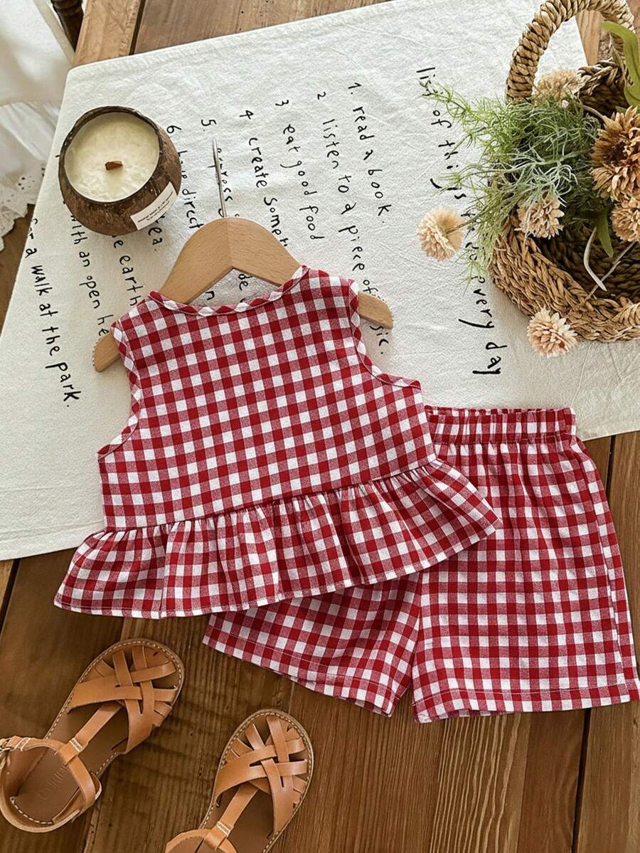 Plaid Bow Decor Outfit Set For Baby Girls Cute Ruffle Hem Summer Wear