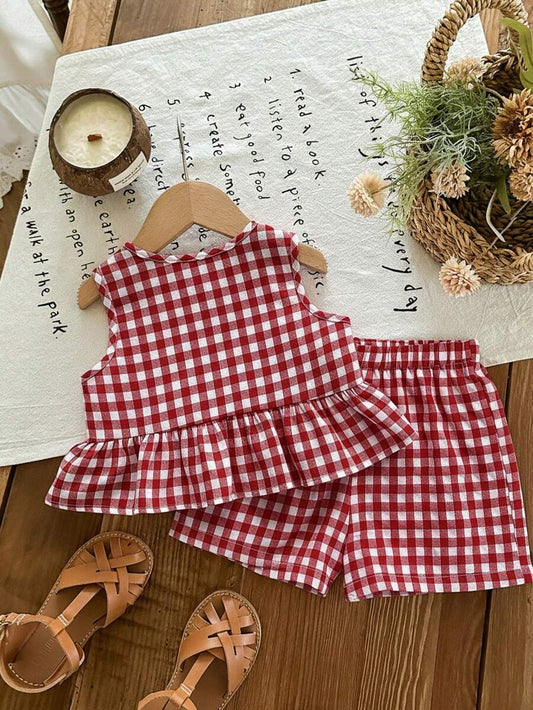 Plaid Bow Decor Outfit Set For Baby Girls Cute Ruffle Hem Summer Wear