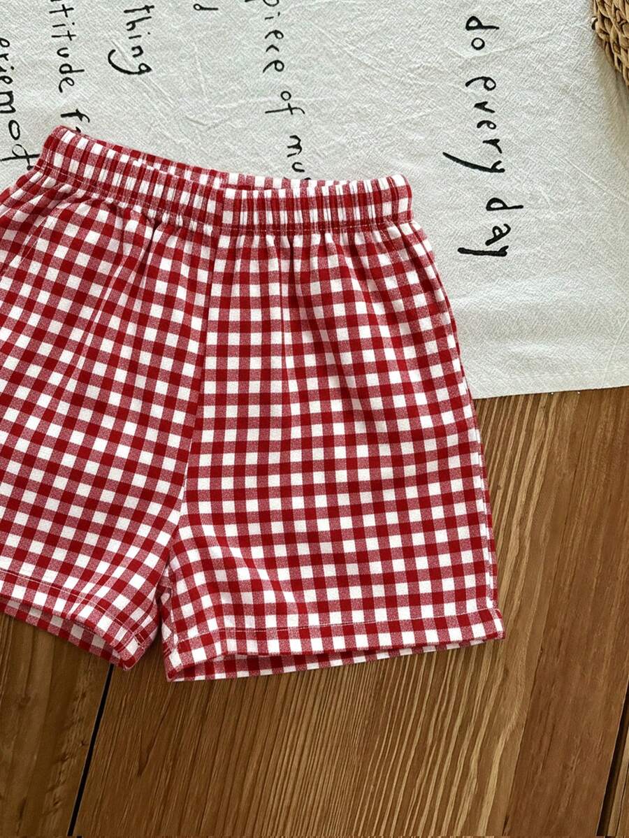 Plaid Bow Decor Outfit Set For Baby Girls Cute Ruffle Hem Summer Wear