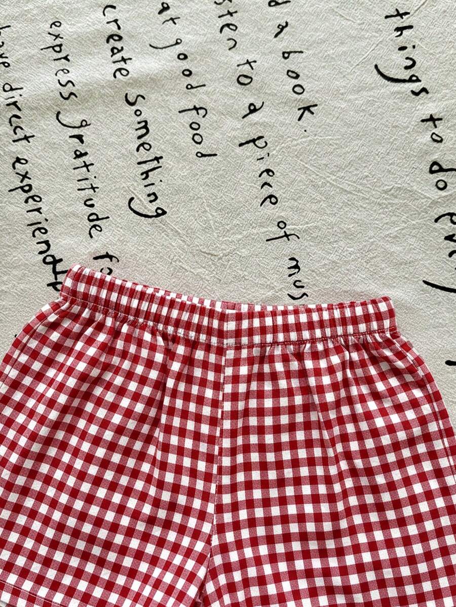 Plaid Bow Decor Outfit Set For Baby Girls Cute Ruffle Hem Summer Wear