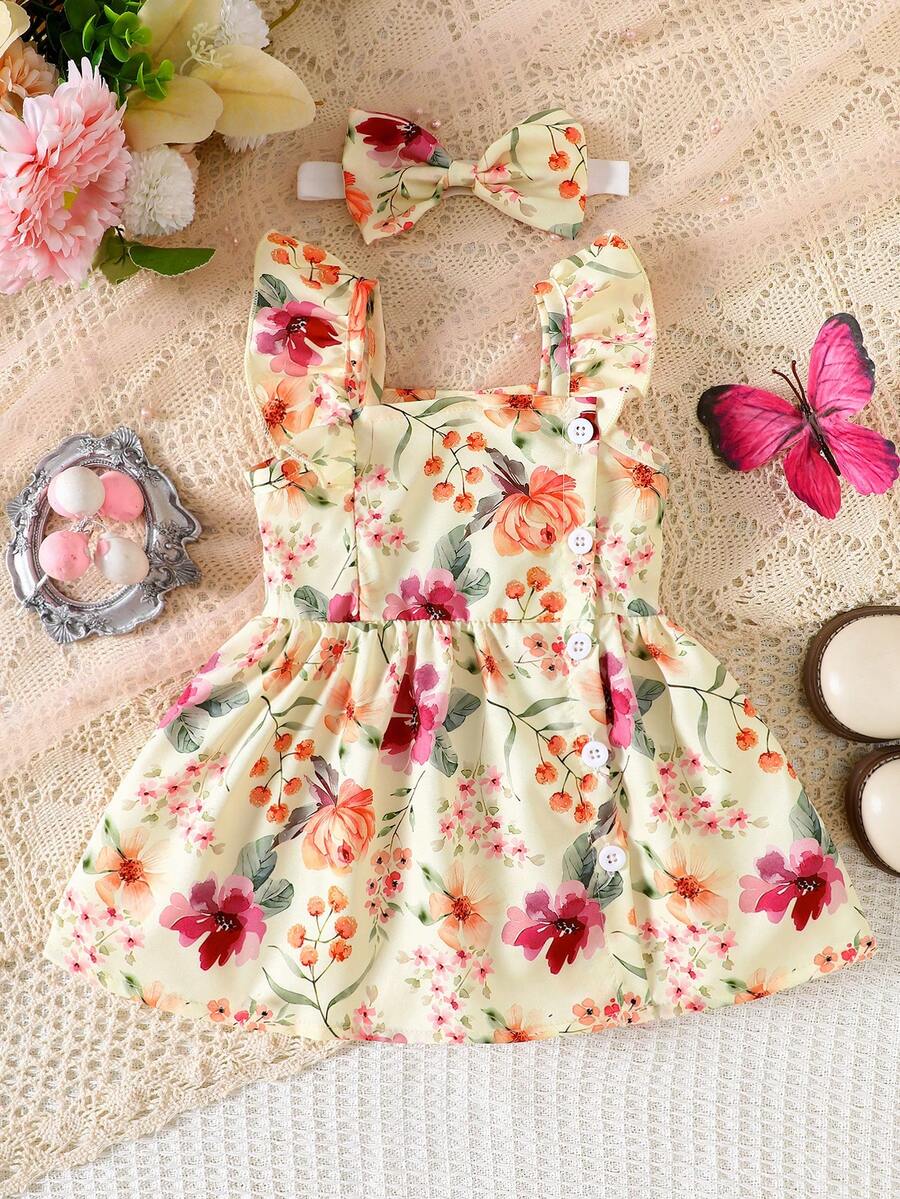 2PCS Baby Watercolor Floral Dress and Hairband Set for Cute Summer Outings